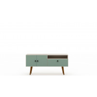 Manhattan Comfort 3PMC86 Tribeca 53.94 Mid-Century Modern TV Stand with Solid Wood Legs in Off White and Green Mint